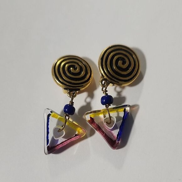 Matte Gold Clip On Earrings with Multicolor Glass Accent Drop - Picture 1 of 6